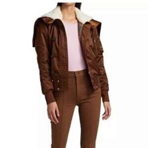 MOTHER Brown Bomber Jacket with Cream Sherpa Collar